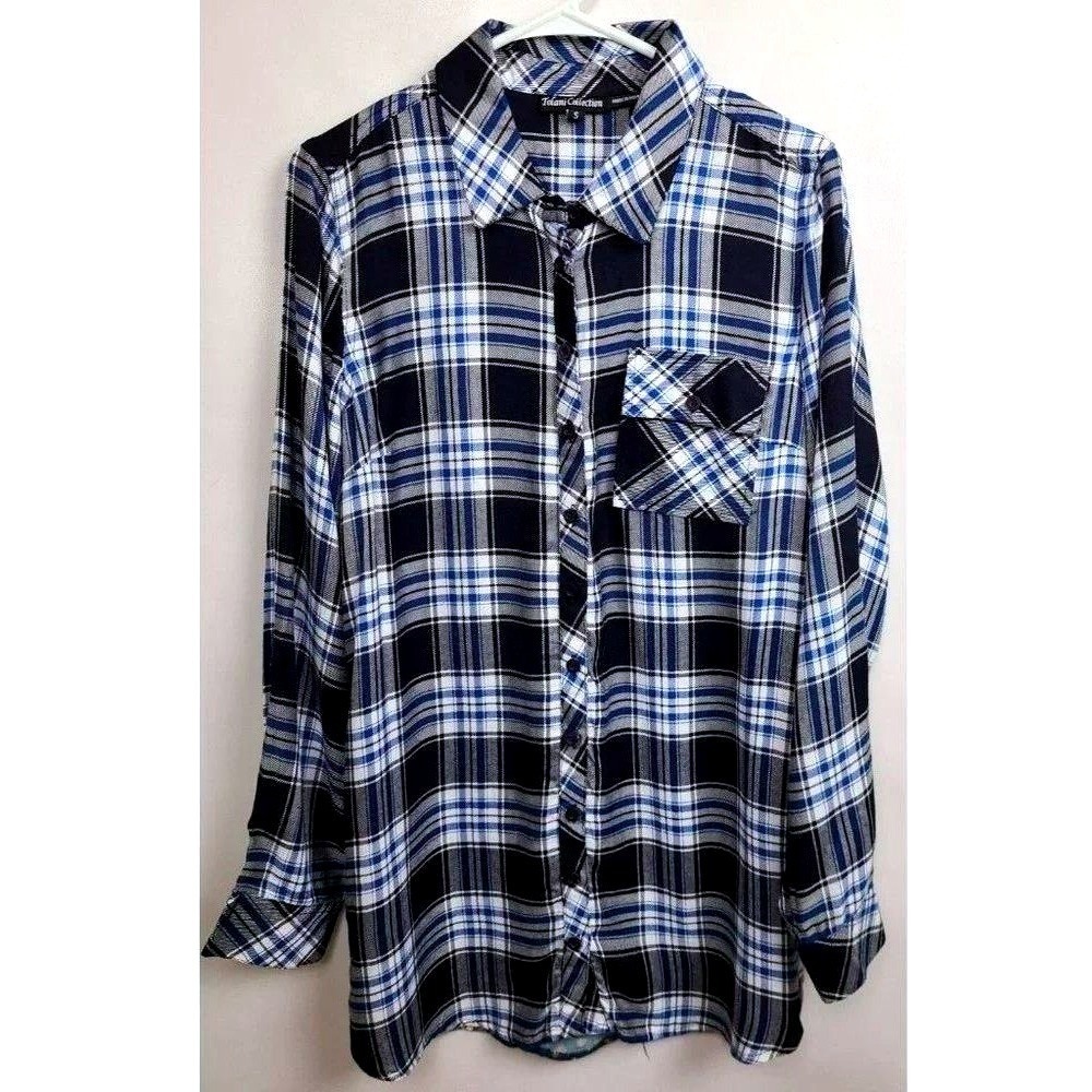 Tolani Collection BOHO Button Up Shirt Womens S Blue Floral Back Plaid Casual